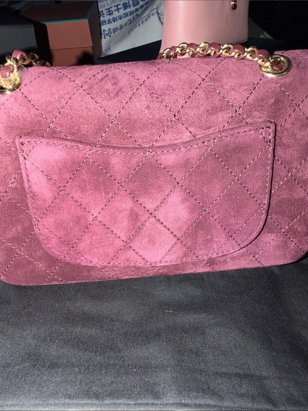 CHANEL Souplissimo mini Burgundy Quilted Suede Shoulder Bag with Gold Chain